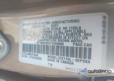 2001 Toyota Corolla Le from USA, damaged, VIN 2T1BR12E01C504200